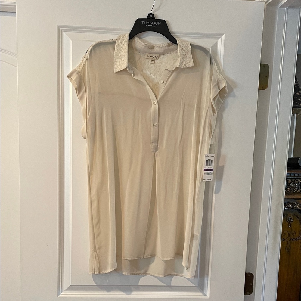 Maison Jules Ivory Button-Up Blouse with Lace Accents